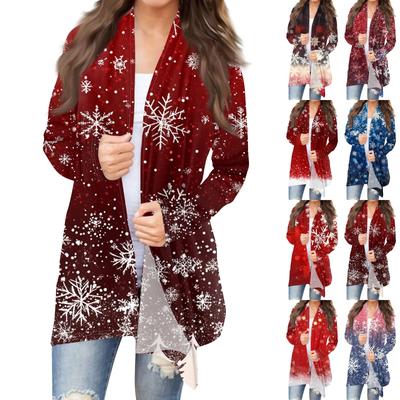 Women's Fashion Casual Christmas  Print Medium Length Cardigan Jacket Coat