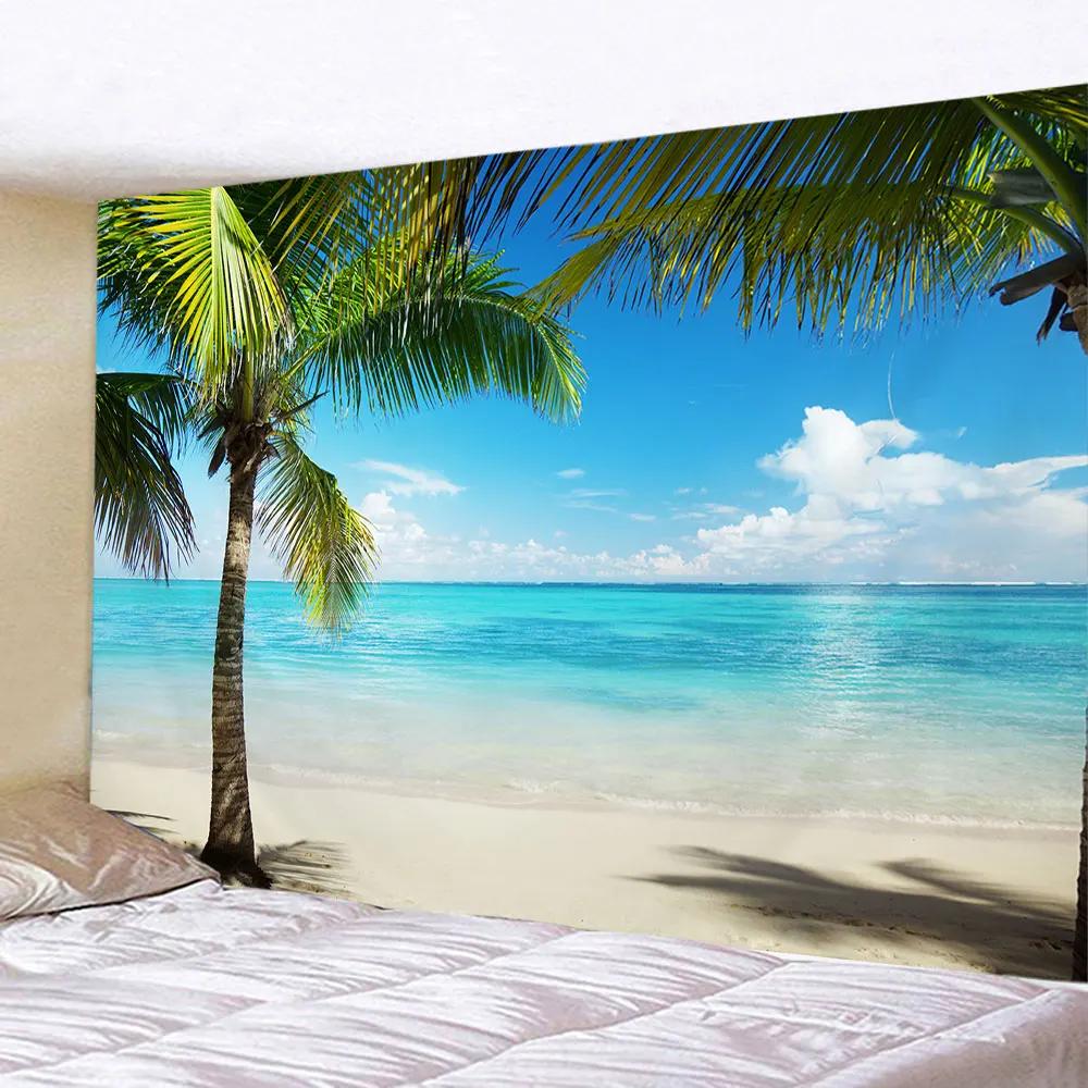 Seaside Coconut Tree Landscape Tapestry Nature Sea Art Ocean Beach 3D Print Wall Hanging Home Living Room Background Cloth Decor
