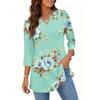 Damen Lässiger V-Ausschnitt 3/4 Ärmel Pullover Tunika Oberteil Blumenmuster Mittellange Bluse Leichte Bequeme Passform