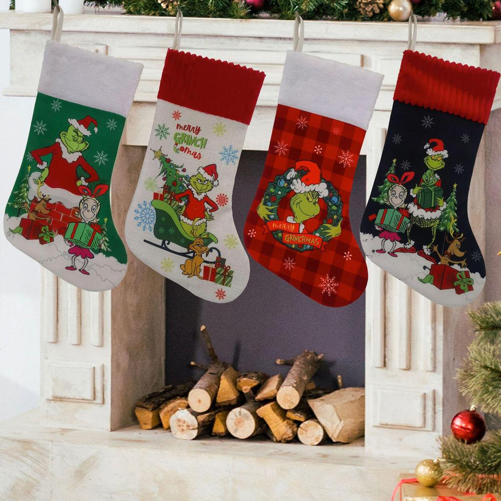 Set Ciorap de Crăciun Grinch și Fustă de Brad cu Huse pentru Scaun și Sticlă de Vin