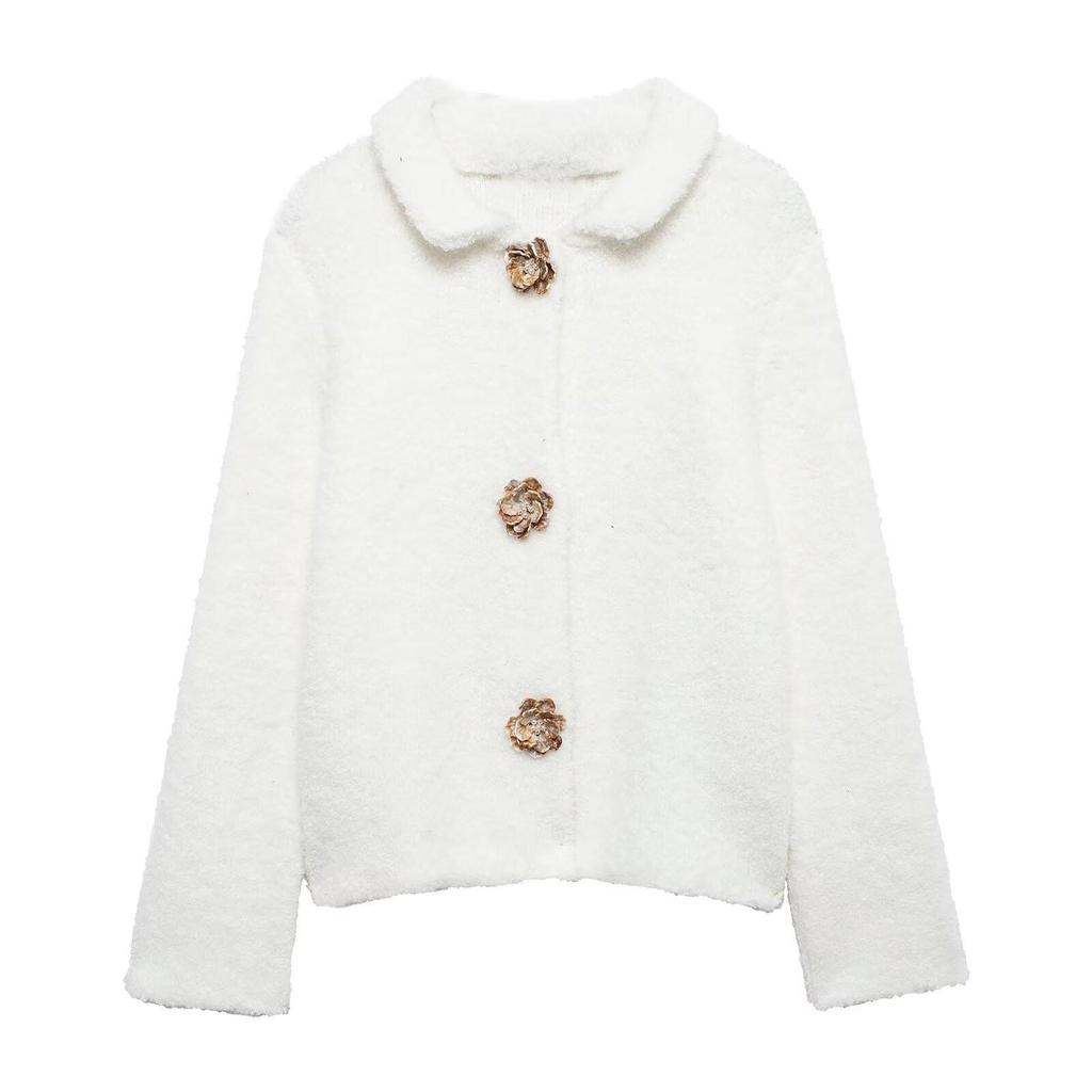 Spring 2025 Women's Sweet Loose Knitted Cardigan with Floral Button Details
