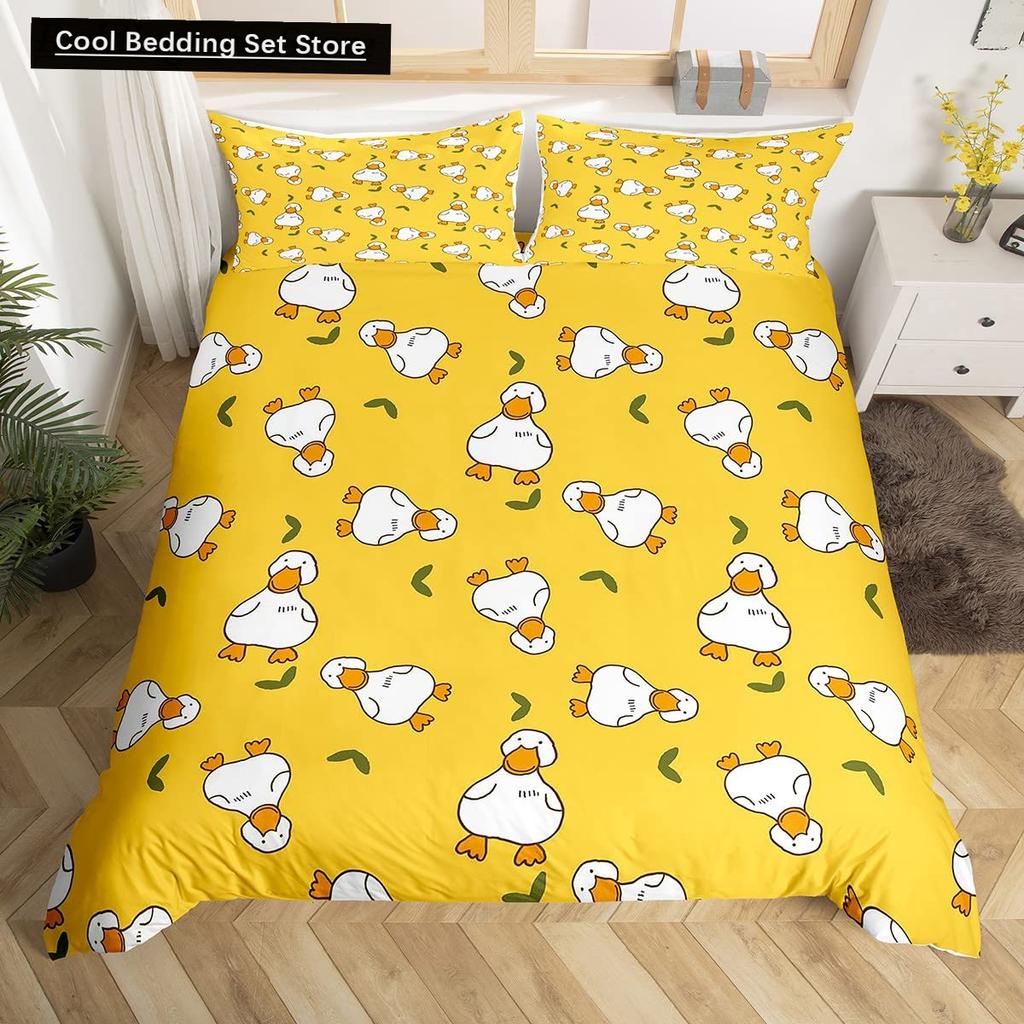 Cartoon Yellow Duck King Queen Duvet Cover Farm Lovely Animal Bedding Set Blue Bubble Quilt Cover Soft Polyester Comforter Cover