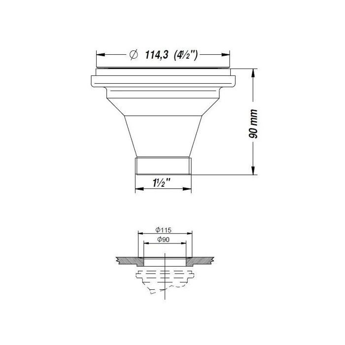 Bonde d'évier 90 mm, panier manuel, plateau inox 115 mm, sans trop plein