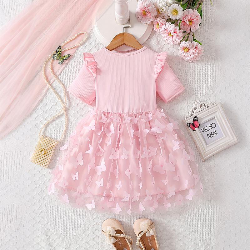 Girls Butterfly Tulle Dress, Case printing,Cute Princess Party Dress with Bow, Short Sleeve Summer Dress for Little Girls