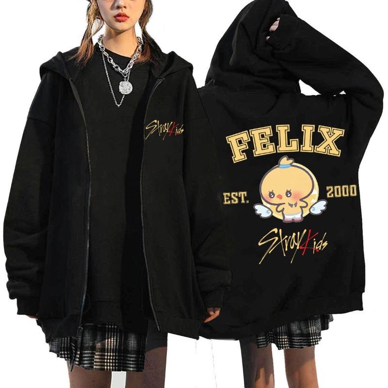 Maglione con cappuccio e cerniera loose Stray Kids versione Q stampato Harajuku maglione con cappuccio maglione con cerniera maglione all'ingrosso