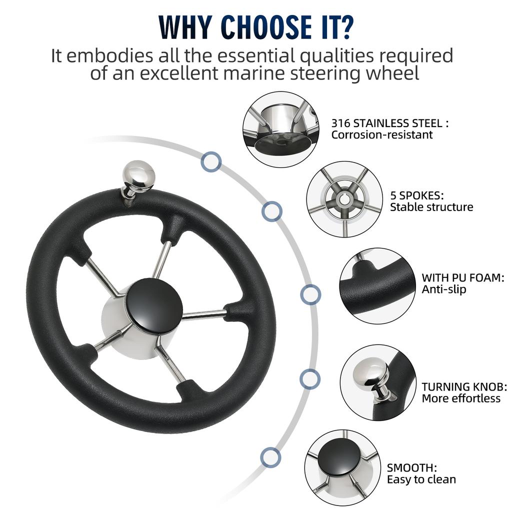 Boat Yachts Accessories Marine 11 Inch 300MM stainless steel Steering Wheel With Black Foam or Without  Foam Ship Steering Wheel