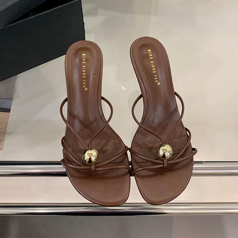 Fashion Thin Heels Footwear Slippers Slides Shoes For Women Metal Fashion Round Toe Ladies High Heels Slippers Female Sandals 2025 New