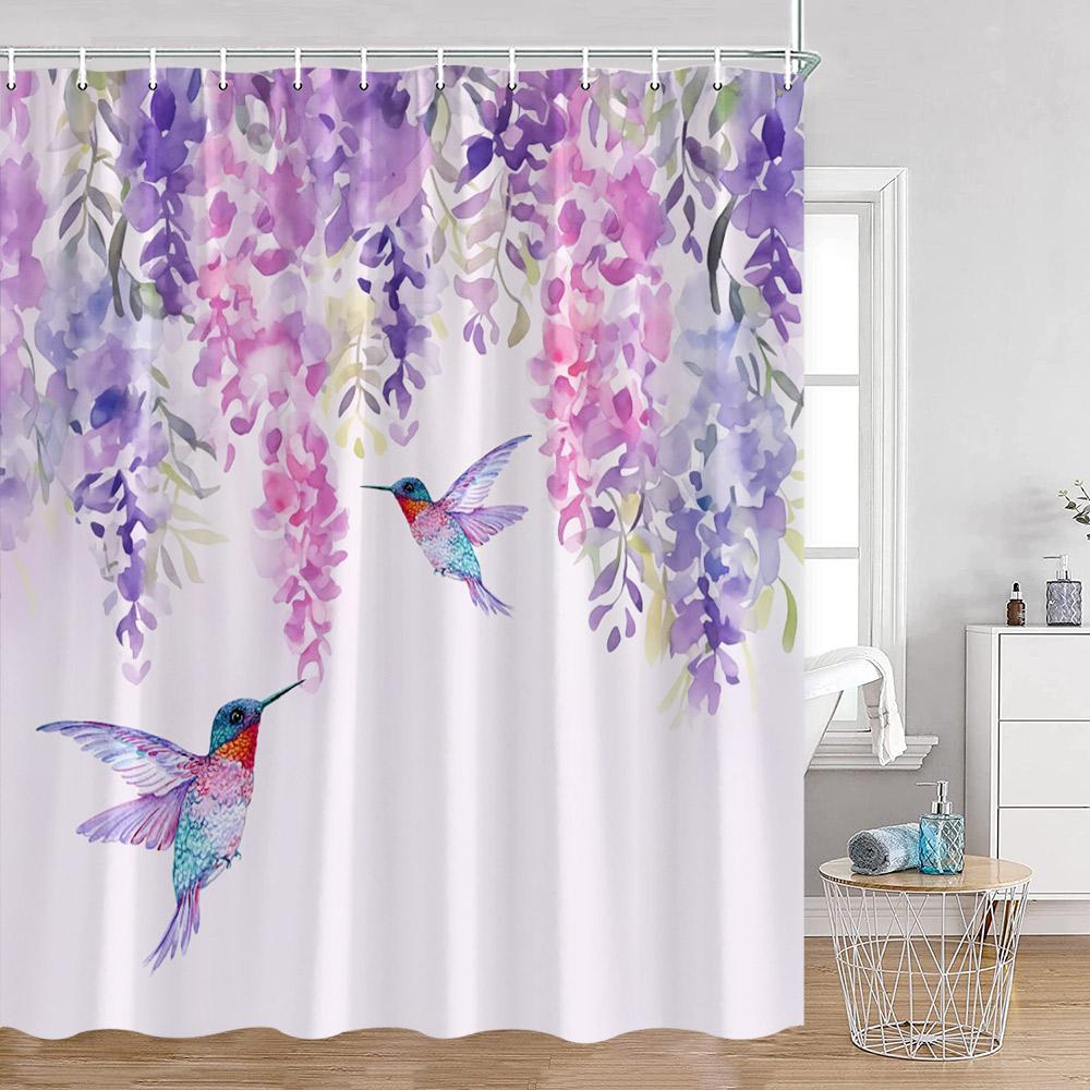 Purple Flowers Shower Curtains Wisteria Lavender Butterfly Birds Pirple Floral Bathroom Decorations Modern Elegant Bath Curtain