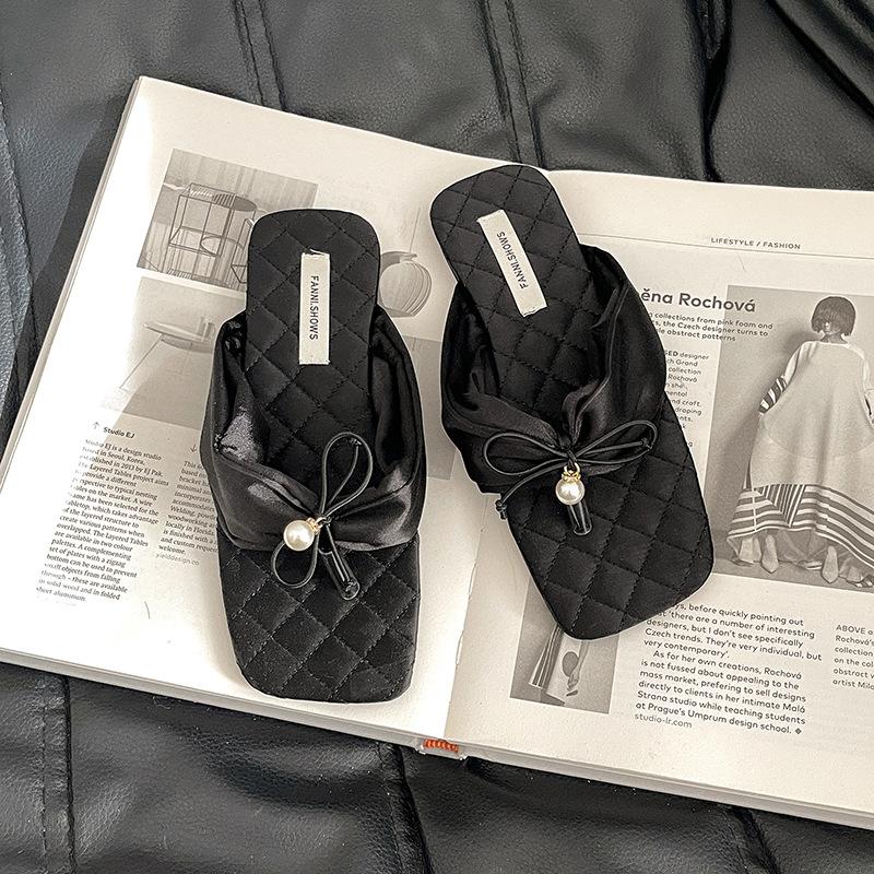 

2025 spring and summer new fashion flip-flops outer wear Korean version niche bow casual sandals beach vacation style 35 чёрный