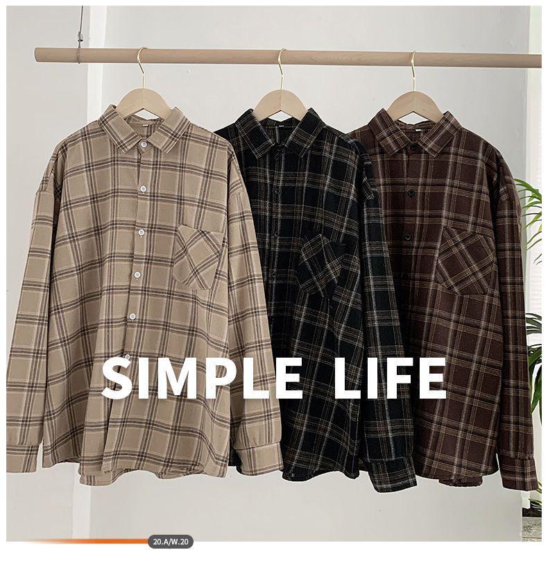 Retro rutig långärmad skjorta för kvinnor - Lös passform, Större storlekar, Koreansk stil Vårjacka