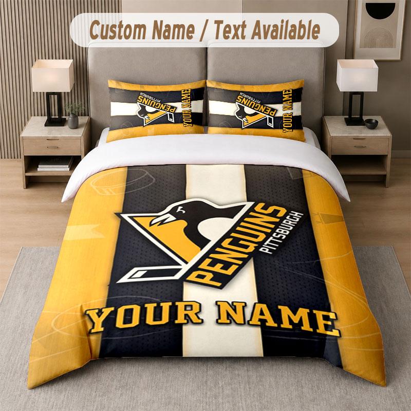 Custom Bedding Set Pittsburgh Penguins Pattern, Print Name Text 1 Duvet Cover Plus 2 Pillowcases Home Textile