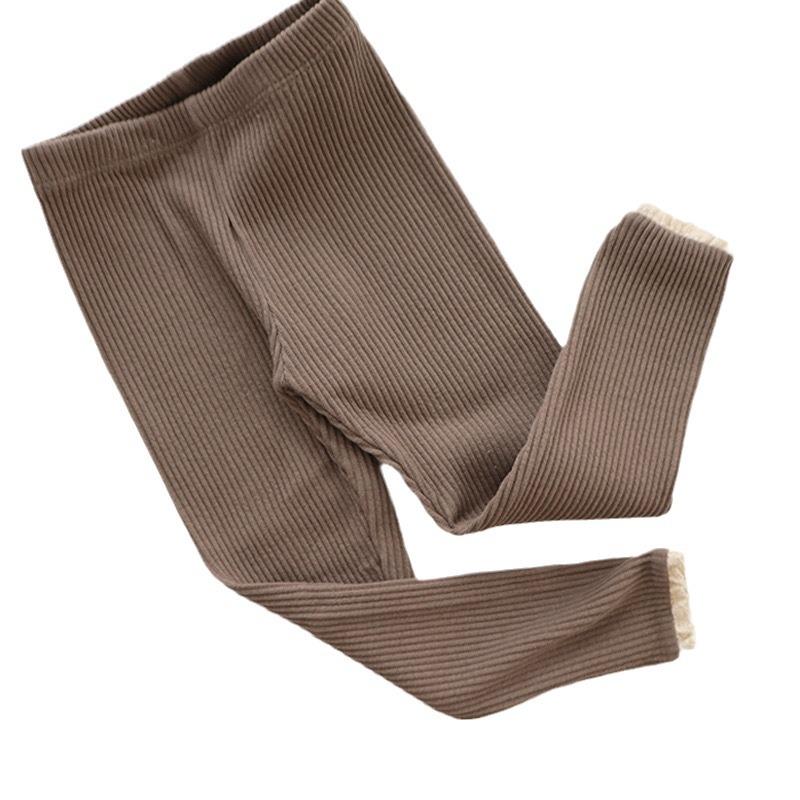 Korean Style Girls' Cotton Leggings with Striped Lace, High Elasticity, Spring/Autumn Trousers for Little Girls