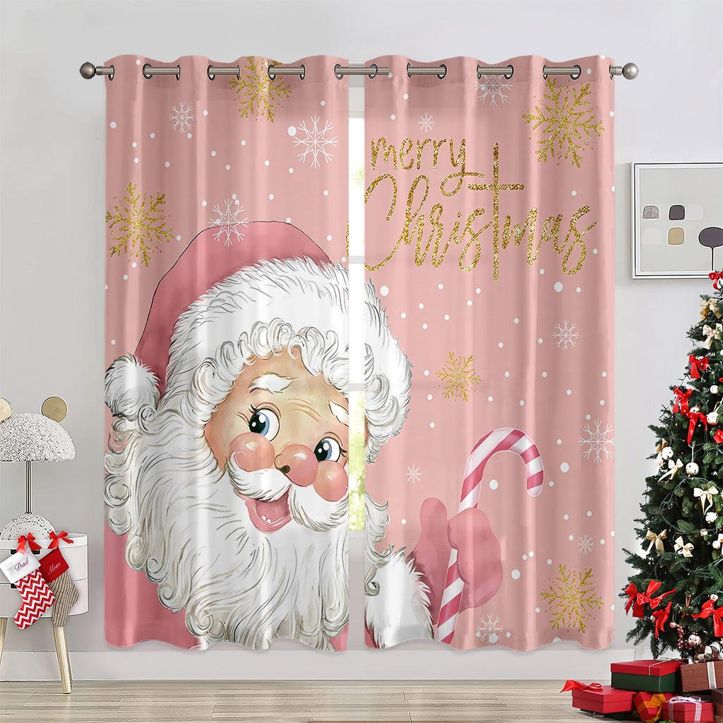 Red Pink Bell Balloon Christmas Curtains Elk Santa Claus Holiday Living Room Bedroom Kids Room Decorative Curtains 2 Pieces