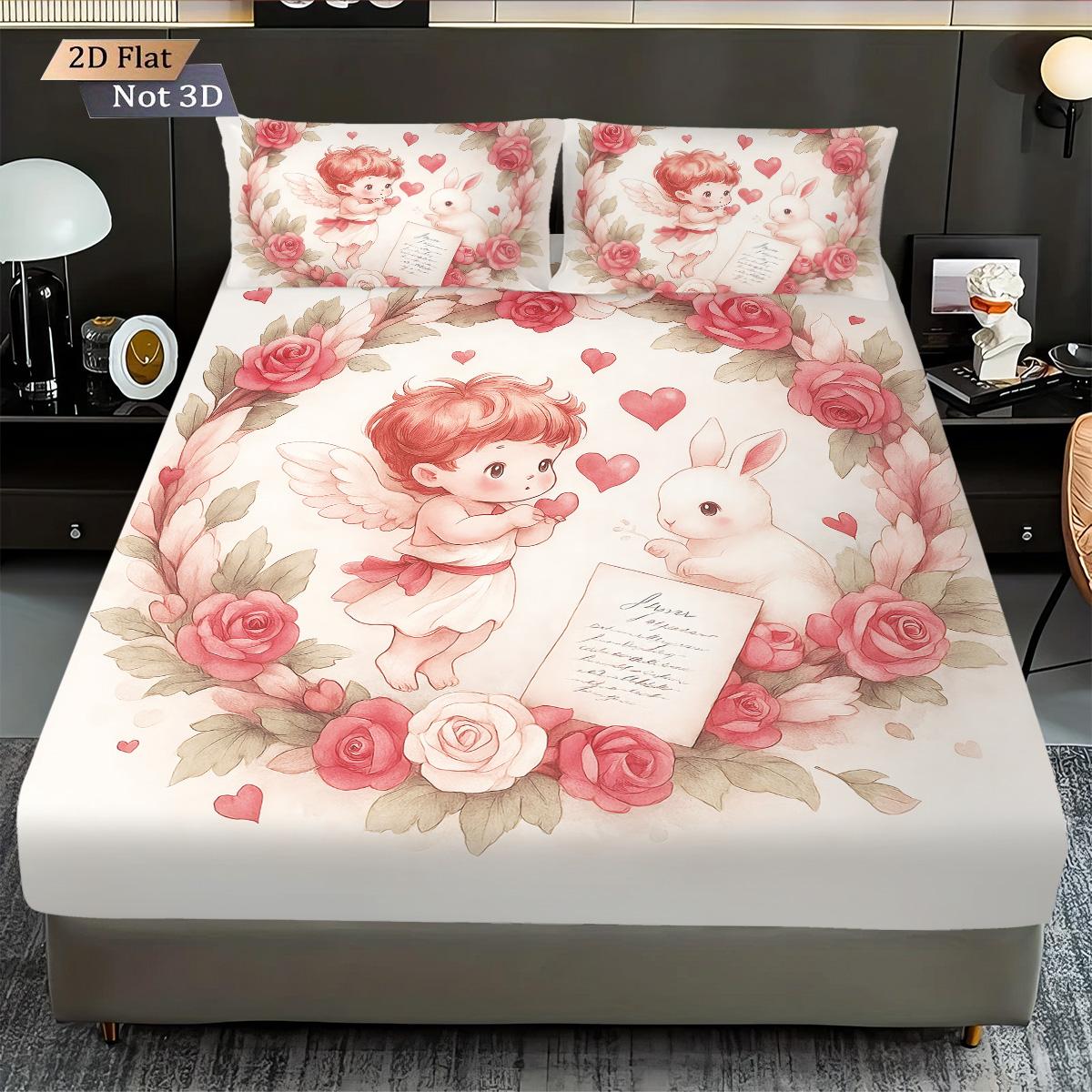 

3pcs Valentine s Day Happy Romantic Pink Cupid Wreath Printed Core Free Bed Sheet Set Multi Size Bedroom Bed Cover Decoration 90x191