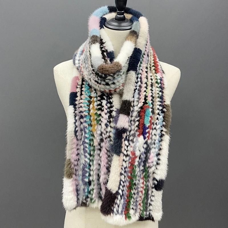Winter Fur Long Scarf for Women Warm Knitted Natural Mink Fur Shawls Female Stylish Scarves 180x12cm