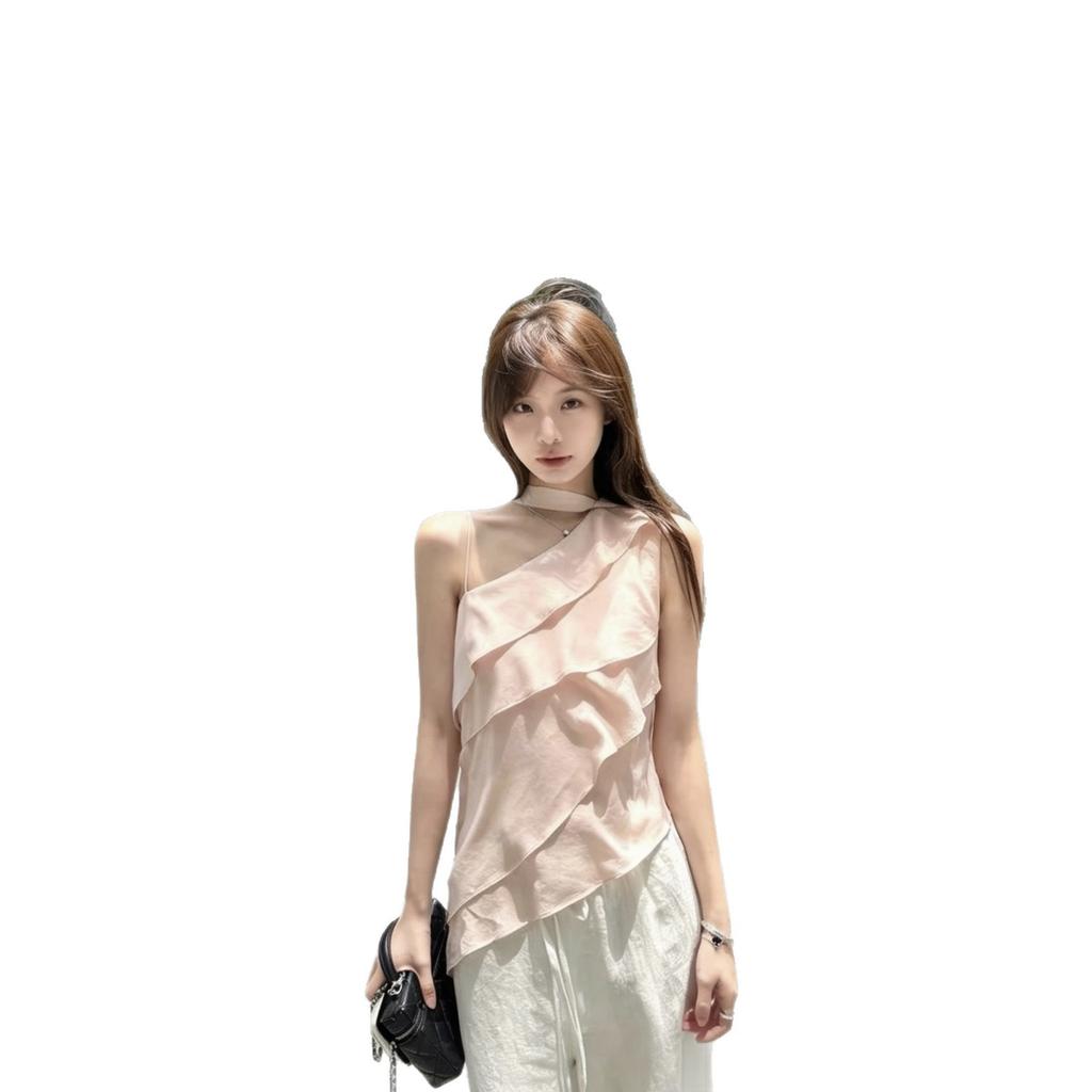 Laminated Lotus Leaf Edge Mulberry Silk Slanted Shoulder Streamer Shirt Women's Summer and Korean Sleeveless Top