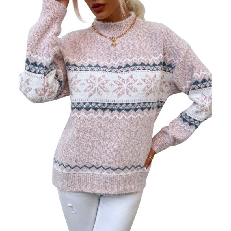 Damen Pullover mit Schneeflockenmuster, hochgeschlossen, Strickwaren Top