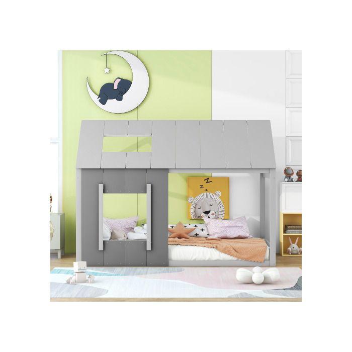 Lit d'enfant - MUVOE - 90 x 200 cm - Gris foncé + gris clair - Maison avec toit et fenêtre - Montage facile