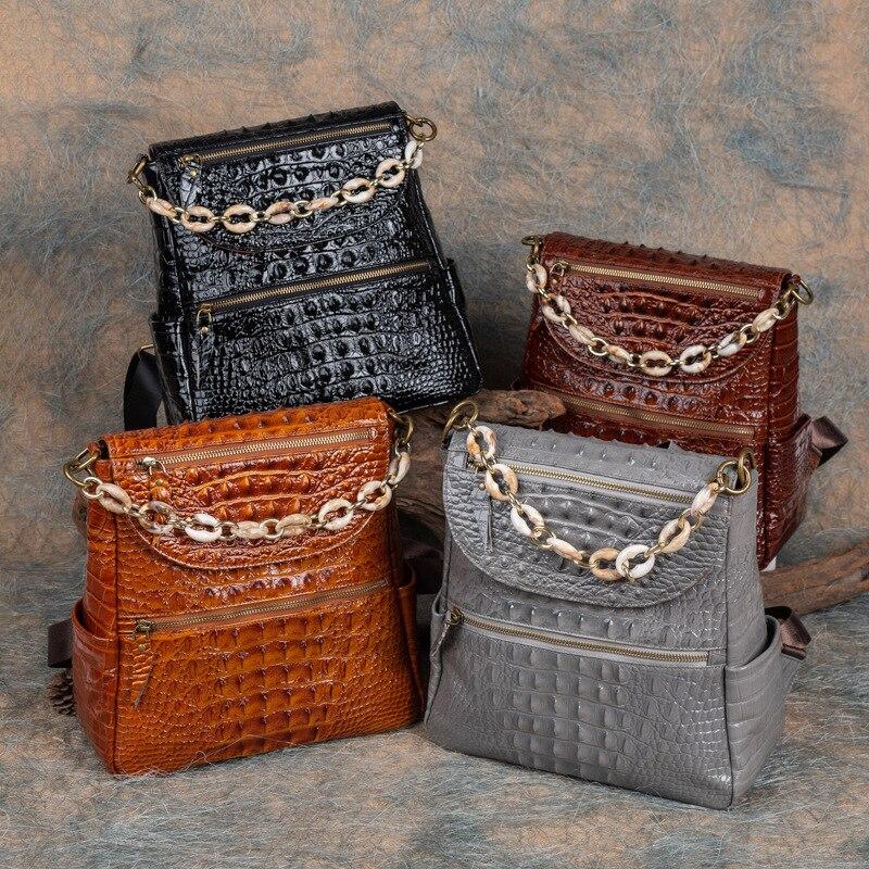 Lcauto Parts Women's Grey Genuine Leather Backpack Bag Vintage Crocodile Pattern Embossed Cowhide Large Capacity Travel Backpacks
