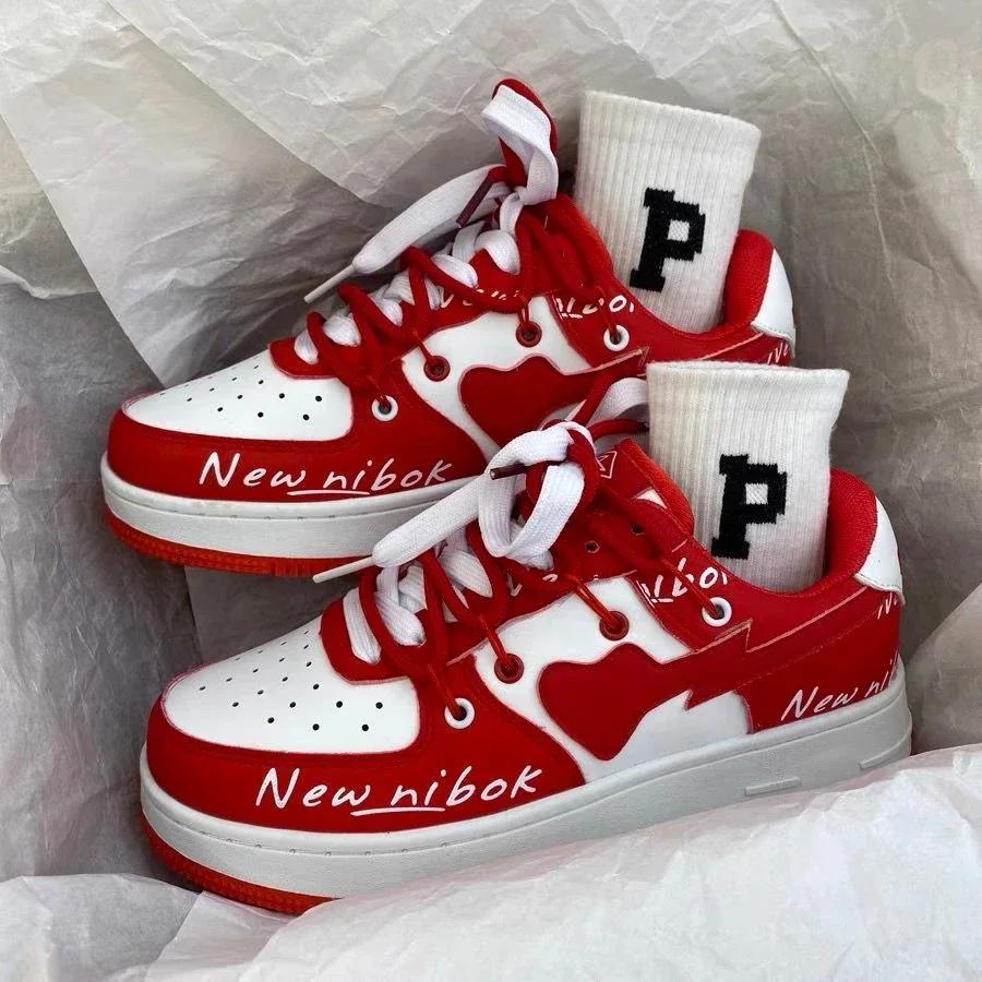 Women Trendy Sneakers Mixed Color Lace-up Thick-soled Casual Shoes Non-slip Women Shoes Round Toe Women Board Shoes