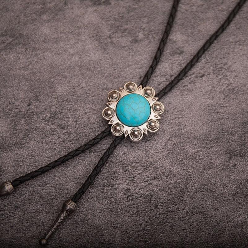 Turquoise Bolo Tie for Adult Unisex Vintage PU Leather Necktie Rope Necklace Jewelry Rodeos Tie Formal Event Collar Tie