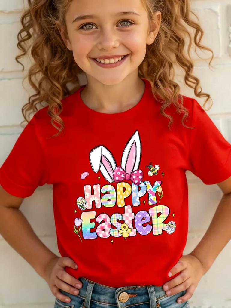 2026 Happy Easter T-Shirt for Girls Bunny Cute Rabbit Ear Letter Graphic Summer Tee Boys Girls Short Sleeve Children's Clothing