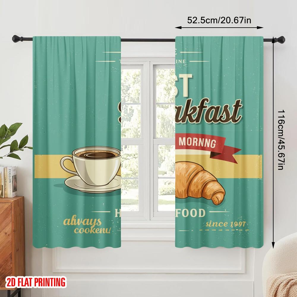 2pcs 2D Flat Printing Window Curtains Breakfast Coffee Croissant Good Morning Fabric Without Electricity Festive Wall Decor for
