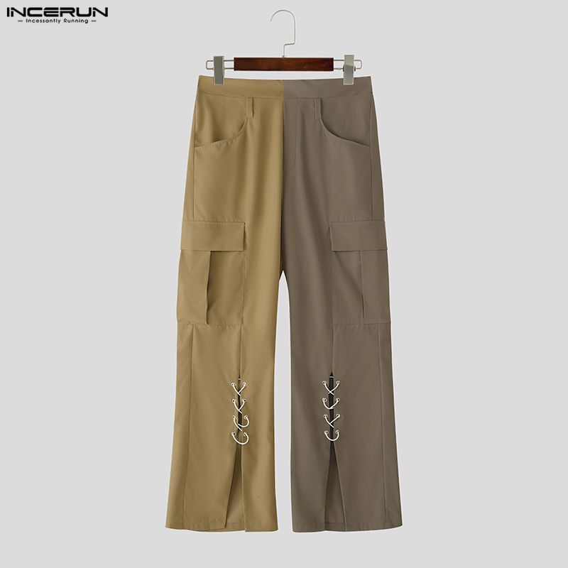 INCERUN Men Zip-up High Waist Stitching Bandage Casual Long Flare Trousers Pants