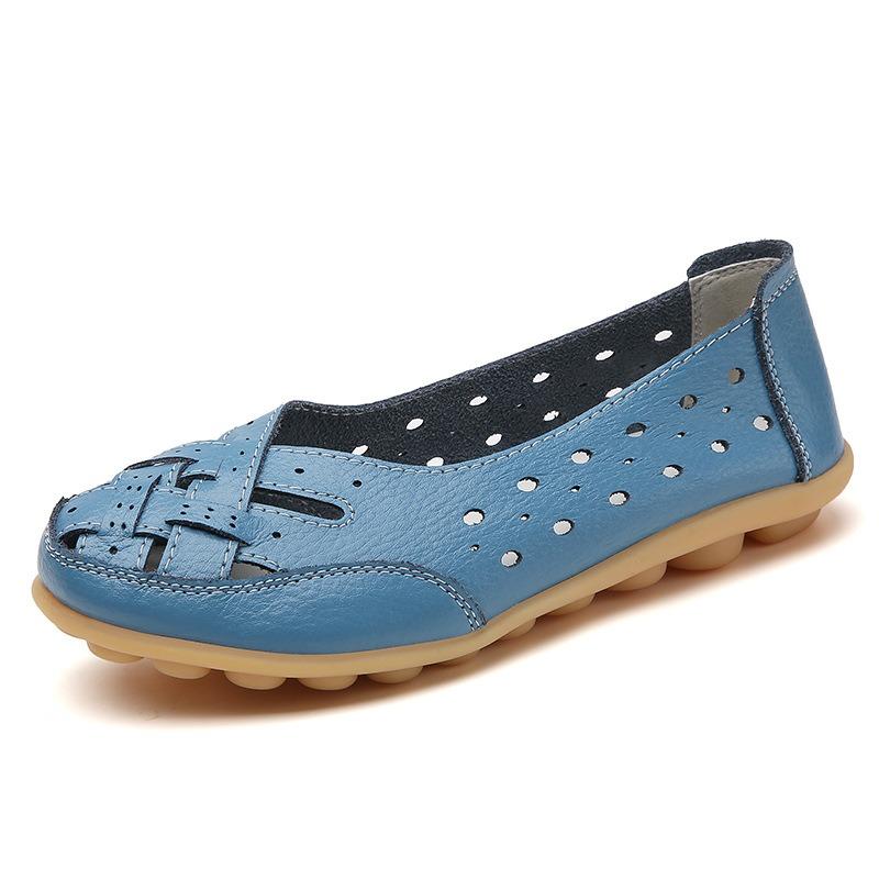 Women's Breathable Perforated Leather Flat Shoes Comfortable Massage Sole Casual Loafers for Daily Walking