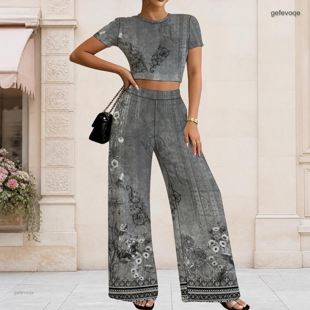 Women Plus Size Printed Grey Round Neck Short Sleeve Crop Top Wide Leg Pants Two Piece Set