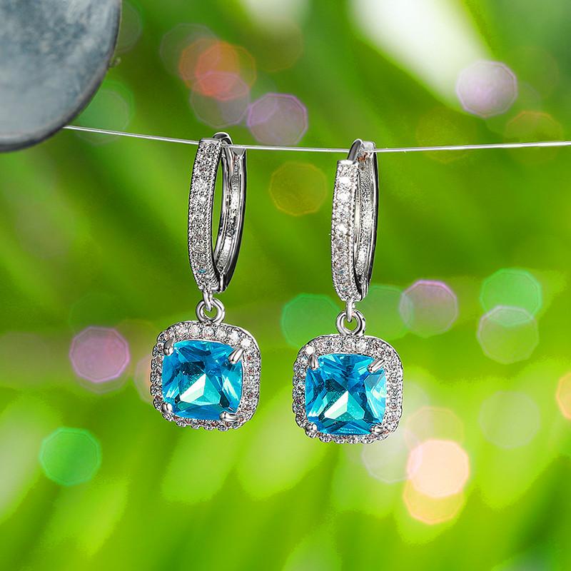 Vintage Damen Blaue Kristallsteine Klassische Silberfarbene Creolen Zierliche Braut Quadratisch Hochzeit Für Frauen