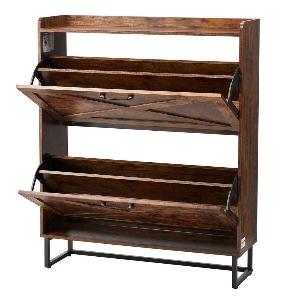 Shoe Cabinet with 2 Flip Drawers, Farmhouse Shoes Storage Cabinet with Metal Legs and Anti-Tipping Device, Freestanding Shoe Organizer Ideal for
