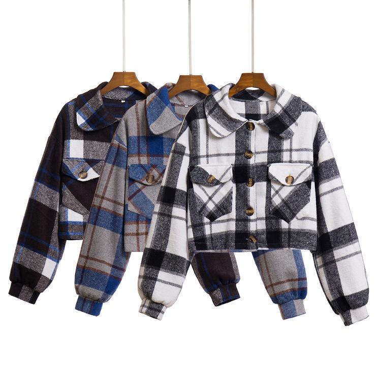 Women's Vintage Casual Lattice Print Autumn Winter Long Sleeve POLO Neck Jackets & Coats