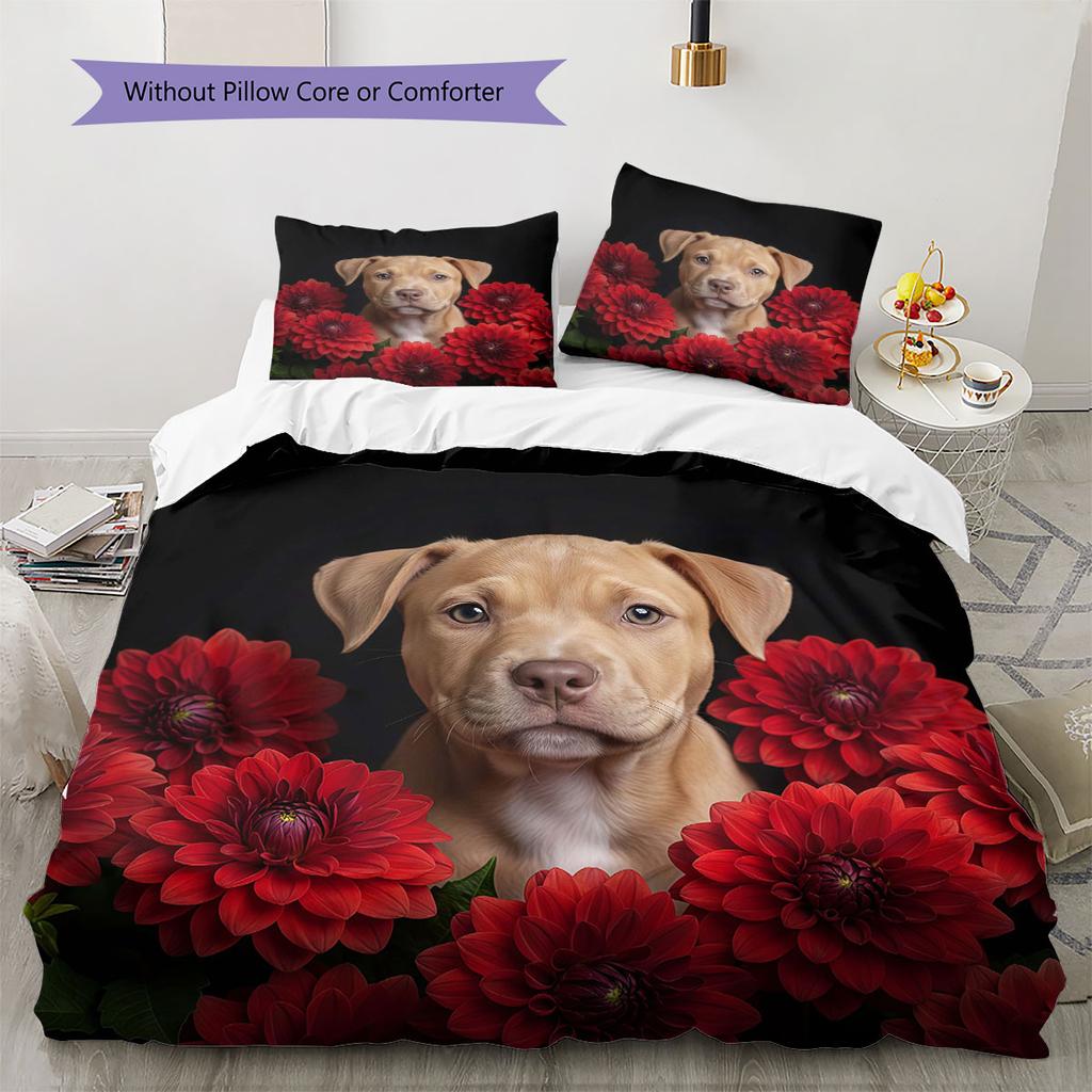 Flowers and dogs Pattern Bedding Quilt Set Quilt Cover Pillowcase Home Decoration Birthday Gift (1 * duvet cover + 2 * pillowcase, without core)