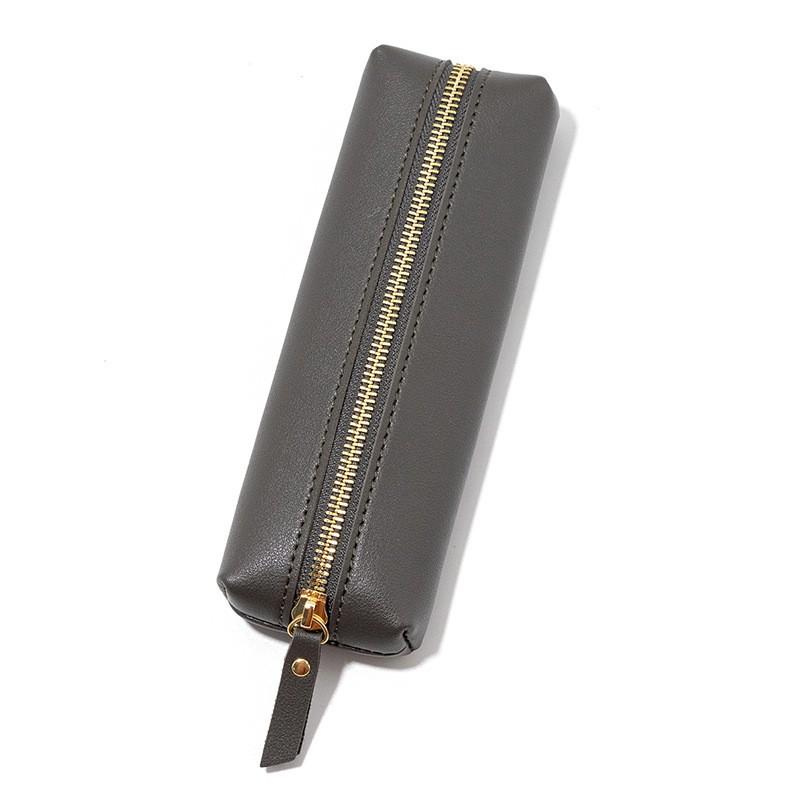 Large Capacity Zipper Pencil Case With Texture PU Leather Students School Supplies Organizer