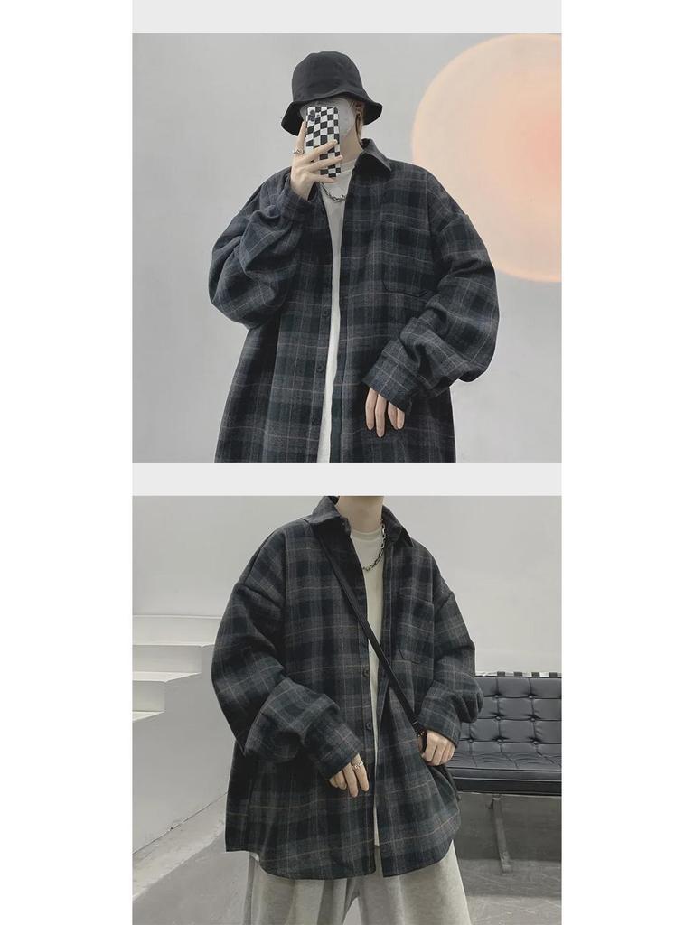 Men's Long-Sleeve Plaid Jacket - 2023 Spring/Autumn Hong Kong Style, Japanese-Inspired Workwear Shirt