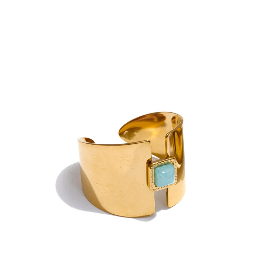 Eetit Natural Amazon Stone Pearl Open Golden Cast Ring for Women Glossy Stainless Steel Charm Jewelry Tarnish Resistant