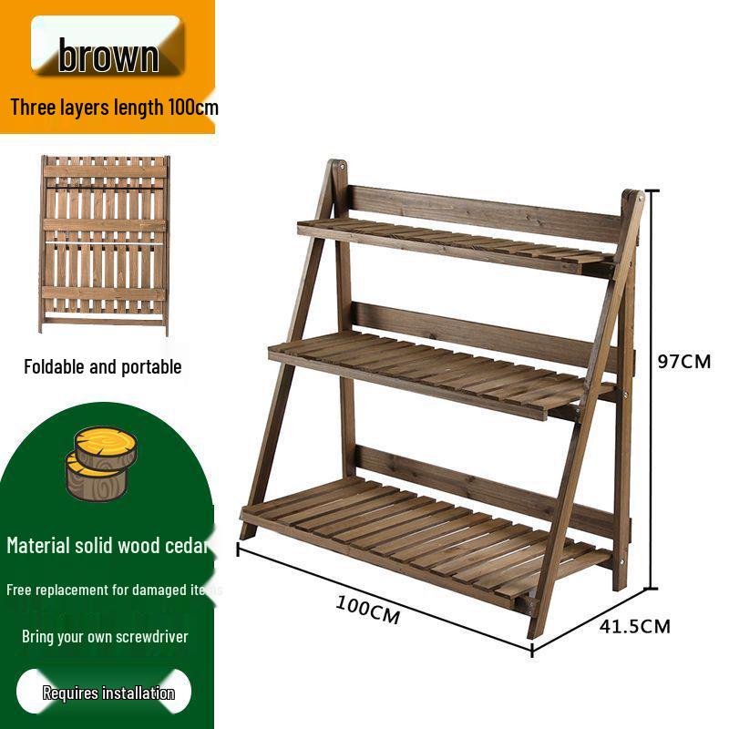 Extra Long Foldable Three-Tier Solid Wood Shelf for Plants, Books, Groceries, DVDs, & More