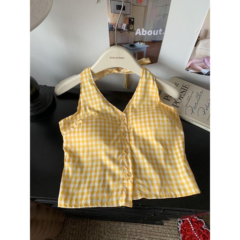 Kumikumi Retro Gyaru Plaid Halter Top Sling Women Clothes Summer Niche Chic Slimming Outer Wear Top