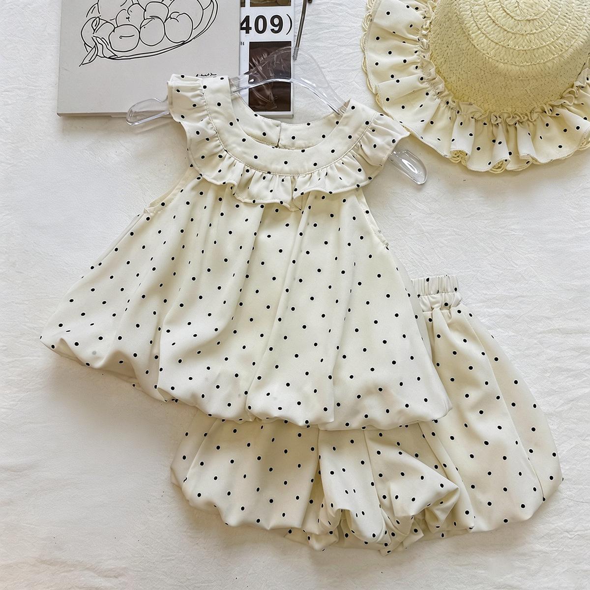 Girls Summer Polka Dot Sleeveless Set Ruffle Backless Bow Tie Bud Shorts Two Piece Outfit Fashionable Kids Clothing 90cm