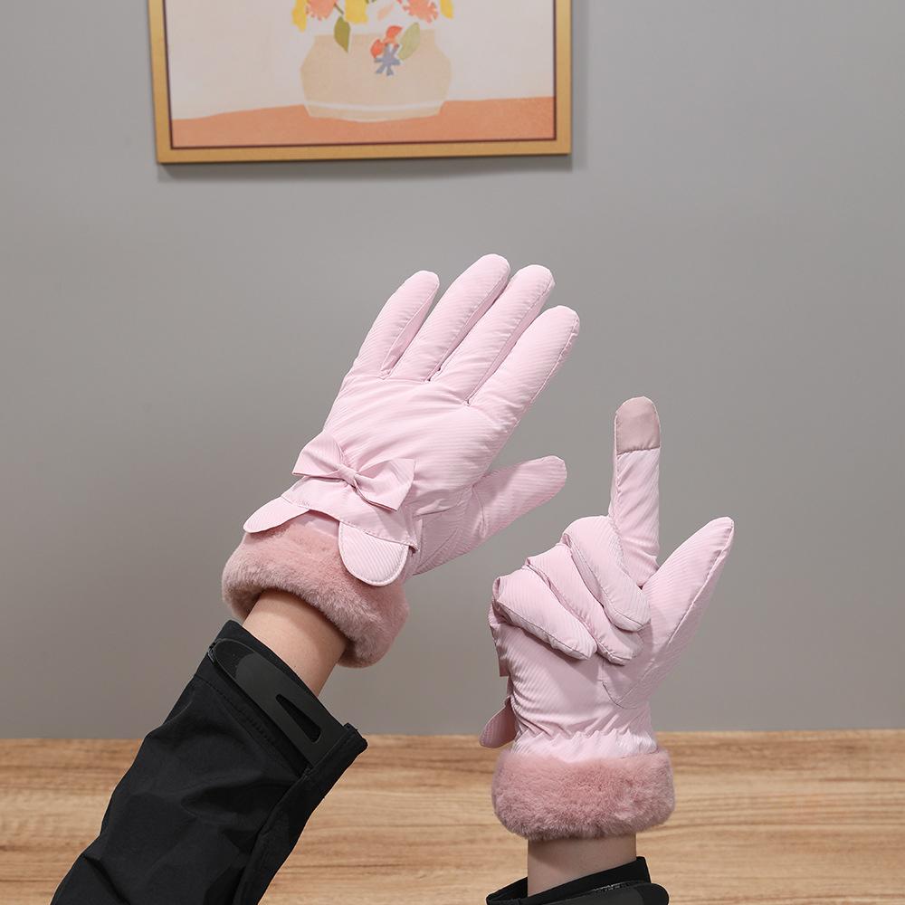 Warm Gloves for Women's Cold and Windproof Cute Bows Outdoor Riding Thickened Velvet Touch Screen Autumn and Winter Gloves