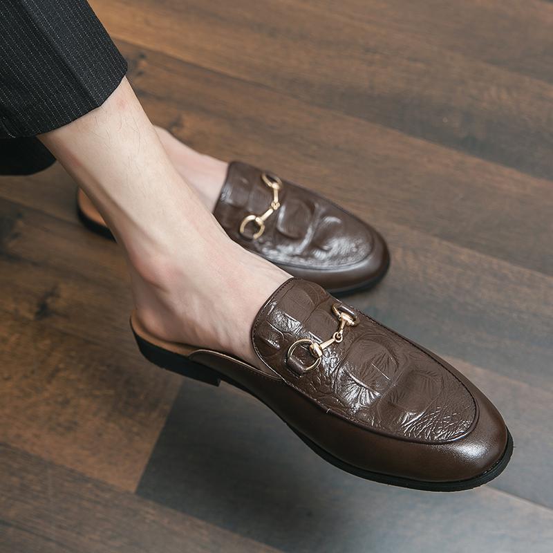 Luxury Designer Brand Mens Iron Clasp Crocodile Pattern Loafers Slippers for Male Half Shoes for Men Casual Shoes Slip On Flats