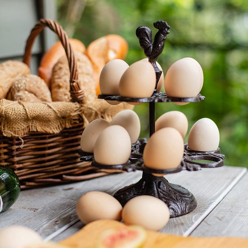 Vintage Cast Iron Egg Rack with Rooster Ornament - Nostalgic American Country Kitchen Decor