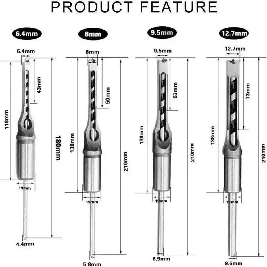1/4” 5/16” 3/8” 1/2” 4PCS/Set Woodworking Square Drill Bit Wood Mortising Chisel Countersink Drill Bits Hole Saw Power Tool Kit