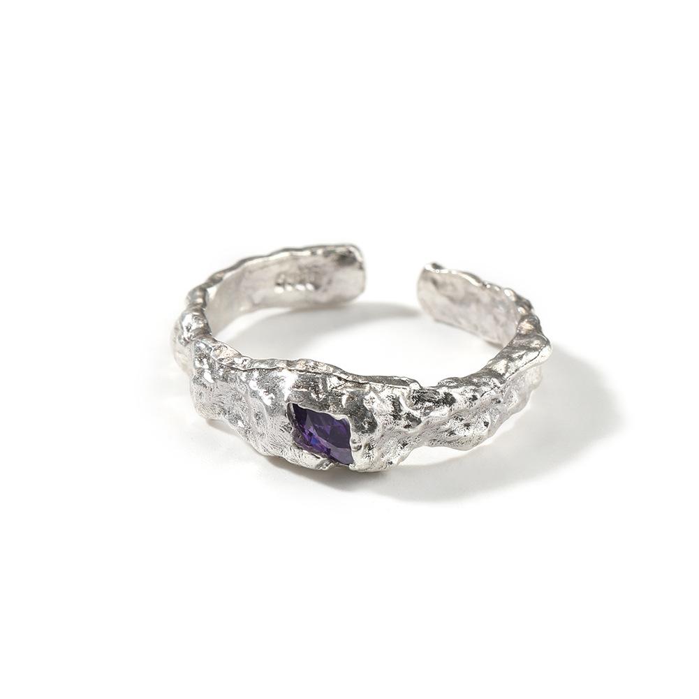 Hip Hop Niche 925 Silver Boys Ring Purple Zircon Irregular Lava Texture Design Sense Opening Ring