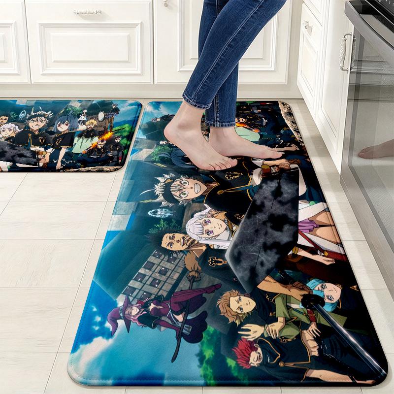 Black Clover Print Flannel Kitchen Mat Christmas Soft Area Rug Non Slip Floor Carpet Home Decoration