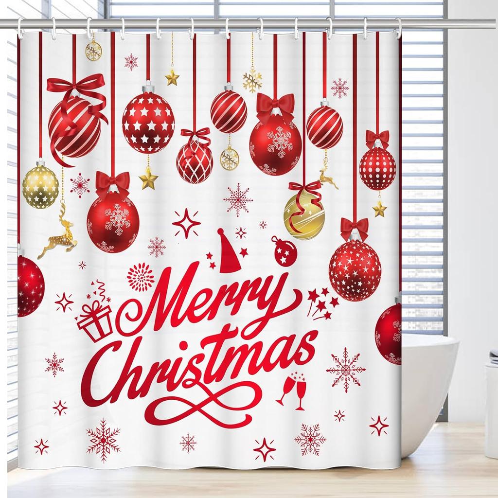 Merry Christmas Shower Curtain, New Year Winter Bathroom Curtain, Christmas Tree Shower Curtain With Red Stars Snowflake