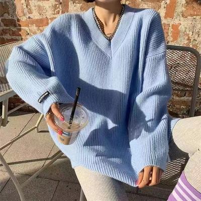 Autumn Winter V-neck Long Sweater Women's Loose Solid Color Labeled Thick Needle Long-sleeved Comfortable Knit Top