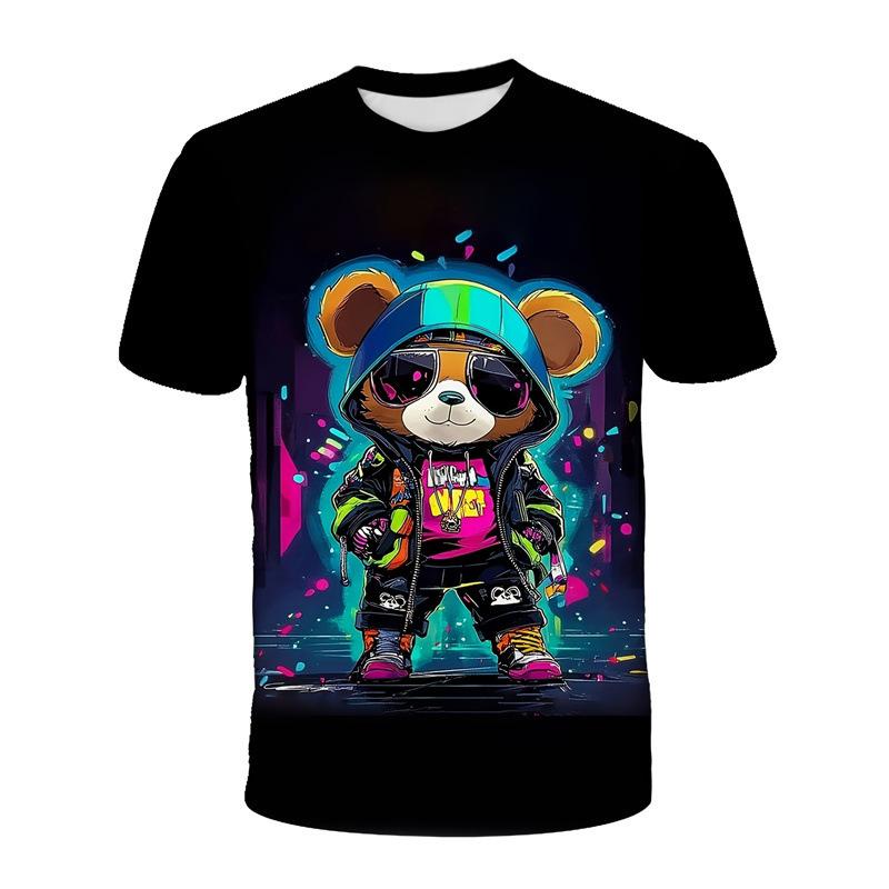 Summer Round Neck Cute Bear Graphic 3D Print Top Fashionable Casual Short Sleeved Men's T-shirts
