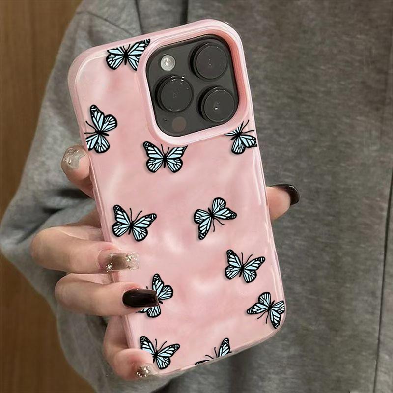 Cute Blue Butterfly Phone Case for iPhone 17 16 Plus 15 14 Pro 13 12 11 Pro Max Air 16E Wave Texture Soft TPU Protective Cover